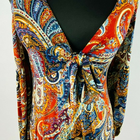 Venus Womens XS Cold Shoulders Tie Front Accent Bohemian Print Long Sleeve Top - Picture 3 of 7